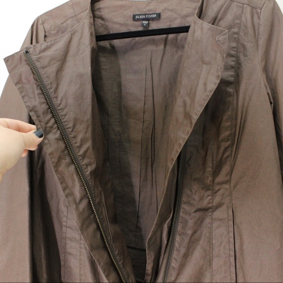EILEEN FISHER Moto Spring Jacket Coat Lined Zip Front Brown Waxed Cotton Small - Picture 3 of 8